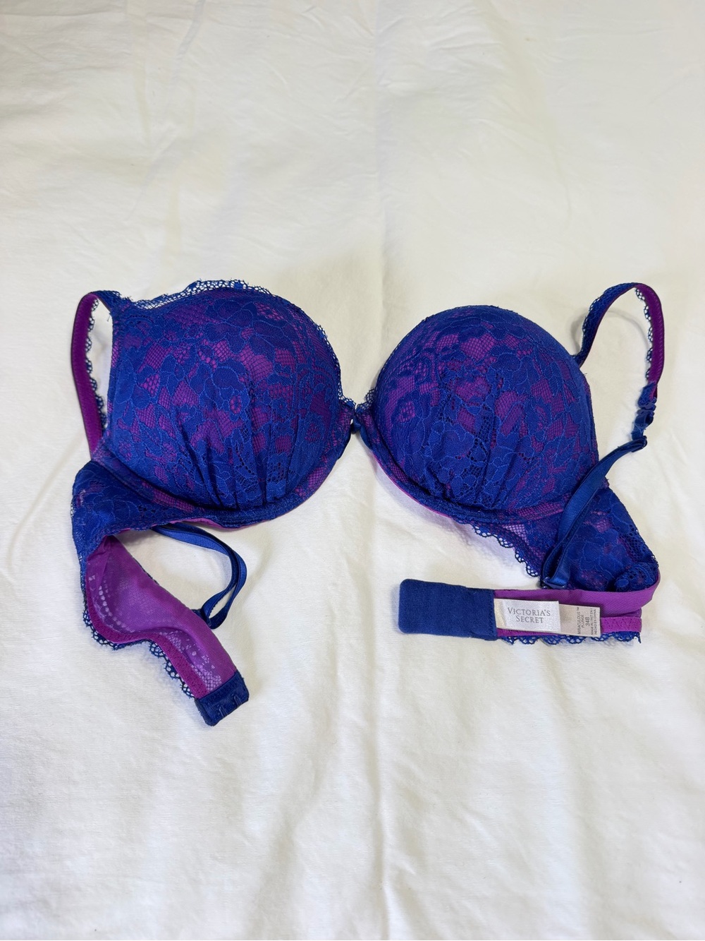 Victoria’s Secret Blue Purple Lace Push Up Bra 34B Fairycore Coquette floral